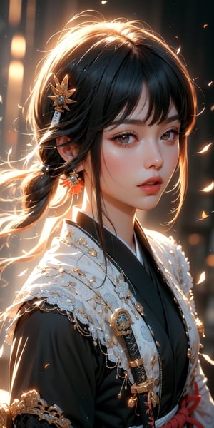 1girl is standing in a dark and mysterious environment.(((hang Beautiful, delicate and perfectly curved Japanese samurai katana  sword))) The scene is lit by a single light source, creating a sense of tension and suspense. The character is wearing a suit and tie, and their face is obscured by shadows. The image is rendered in high detail, with realistic textures and materials. The overall effect is a visually stunning and thought-provoking image that is sure to keep viewers engaged.,cool,portrait,nodf_lora,mecha,1girl,makima,1 girl
