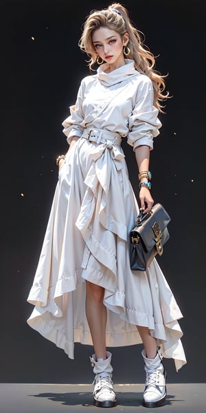 1girl, solo, long hair, looking at viewer, skirt, blonde hair, simple background, brown hair, dress, holding, jewelry, closed mouth, standing, full body, ponytail, earrings, shoes, belt, grey background, bag, white dress, bracelet, lips, gradient, gradient background, white footwear, hoop earrings, handbag, holding bag, fashion