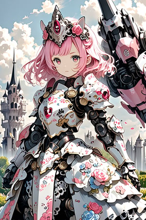 (HELLO KITTY),
Princess Knight penda, is adorned in a pink and white knight's armor, with the helmet featuring the adorable face of  penda, armor is adorned with intricate lace and frills, emitting a sweet fragrance,sticker,mecha