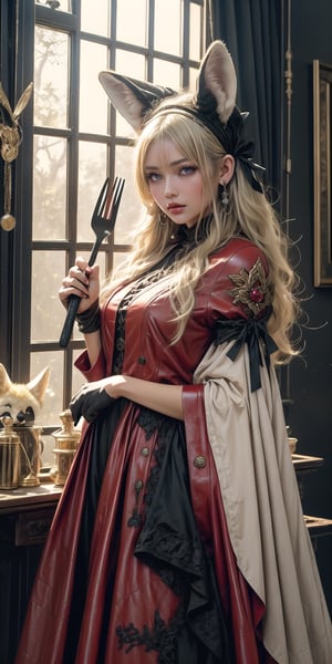 cute anime girl with massive fluffy fennec ears and a big fluffy tail blonde messy long hair blue eyes wearing a red leather cosplay outfit and a red rhinestone devil horn headband, holding a sign that says "lingko" on one hand and a red pitch fork in the other. She is in a an old dark Victorian mansion lit by candlelight with a bright window to the foggy forest and very expensive stuff everywhere there are 5 paintings on the walls, painting have  l,painting have i,painting have n,painting have g,painting have k,painting have o,