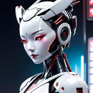 A high-gloss, white plastic-faced and bodied robot geisha, embodying a cyborg girl and android aesthetic, exuding a cool demeanor.