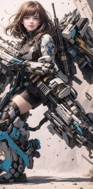 A mecha-inspired sci-fi scene: a solo female figure stands prominently in front of a white background, her short brown hair and bangs framing her determined blue eyes. She wears fingerless gloves, long sleeves, black shorts with knee pads, and a backpack with pouches. Her gaze directly engages the viewer as she holds a rifle with trigger discipline, its barrel pointing slightly downwards. Her closed mouth conveys focus and confidence. The simple background allows her striking appearance to take center stage in this dynamic mecha-themed shot.