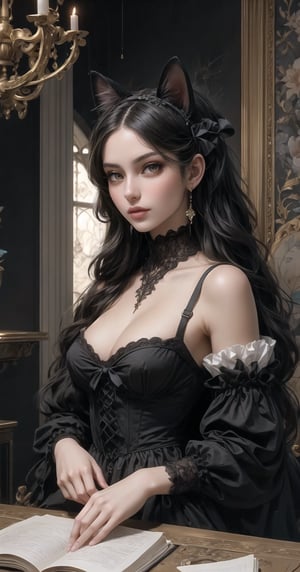 (A fusion of the noble fashions of Renaissance Europe and modern Gothic Lolita costumes, the cat wears intricate ruffled collars, embroidered velvet garments, and lace accessories. It embodies both elegance and modern gothic charm, creating a unique and surreal aesthetic.Cat themed cats, renaissance backgrounds), detailed textures, high quality, high resolution, high precision, Realism, color correction, proper lighting settings, harmonious composition, Behance works