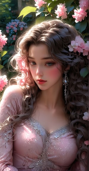 Surrealistic digital painting of a young woman with fair skin, curly fair hair, delicate facial features, enshrouded in a graceful, light pink fabric, slumbering among a plush hydrangea bed of pink and white blossoms, creating a dreamy, ethereal ambiance, palette consisting largely of pinks, whites, and lilacs, invoking a sense of serenity and tranquility, painterly strokes result in. A soft-focused portrait of a young woman with fair skin and curly brown hair with bangs, her delicate facial features illuminated by the gentle glow of a subtle pink fabric wrap. She slumbers amidst a plush hydrangea bed, where pink and white blossoms gently unfold, creating a dreamy, ethereal ambiance. Brushstrokes whisper whispers of pinks, whites, and lilacs, weaving a tapestry of serenity and tranquility. burlesque,shabby chic, fine art, epic, Boho gypsy, marquise, duchesse, dark fantasy

