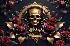 (((add text "Lingko"in the center )))masterpiece,best quality,official art, extremely detailed CG unity 8k wallpaper,filigree emblemsurrounded by black lotus flowers, dark red roses rose stem with thorns blood and oil dripping from leaves,copper skull,gear add to blank space vector image sticker design , 8K high-quality image dark shadows and bright highlight,Text