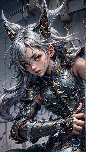 Japanese girl, samurai girl, girlish, charming eyes, long white hair, beautiful face, whole body, samurai sword swinging posture with both hands, samurai, (whole body is so complex and glowing samurai armor), holding a katana, Extreme gore, forest on fire, lots of flames around the body, bright lights, masterpiece, best quality, super detailed, fine, high resolution, sharp focus, forehead glow, perfect shadows, high score, background japanese ukiyoe, god Stormtroopers