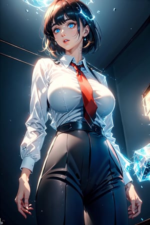 calm and slender girl wearing a schoolboy uniform (white shirt, black pants, red tie). her eyes glow quite brightly in dark blue. she has short blonde hair. This girl looks like a prince. Hyperdetailing masterpiece, hyperdetailing skin, masterpiece quality, with 9k resolution. she has ice powers. cyan eyes. He floats ice clusters around him. Masculine appearance, neat, well-groomed. detalied face.,huge breasts,DonMl1ghtning,DonMN1x13,cool,1girl