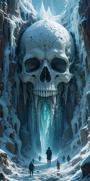 stylized dark fantasy, a skull carved into ice




