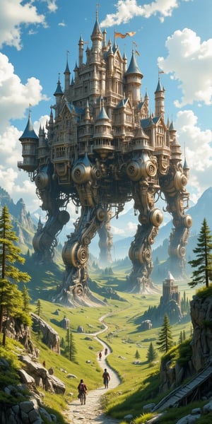 "A colossal, enchanted castle walking across a vast landscape, in the distinctive, whimsical style of Studio Ghibli. The castle is a massive structure, built with intricate medieval turrets, chimneys, gears, and fantastical details, all fused together in an otherworldly design. It is striding purposefully across the terrain on giant, mechanical legs, each step shaking the ground below as it moves across rolling hills, valleys, and meadows. The morning sun casts a golden light over the scene, illuminating the castle as steam rises from its chimneys and gears turn with a rhythmic clank. The castle's legs are in mid-motion, lifting it over rocks and fields, creating a dynamic sense of movement and power. The landscape around it is alive with vibrant greenery, swaying trees, and distant mountains, contrasting the mechanical, yet magical, presence of the walking castle. The scene captures the grandeur and mysticism of a journey through a magical land, with the walking castle at the center of this breathtaking, Ghibli-style world.

