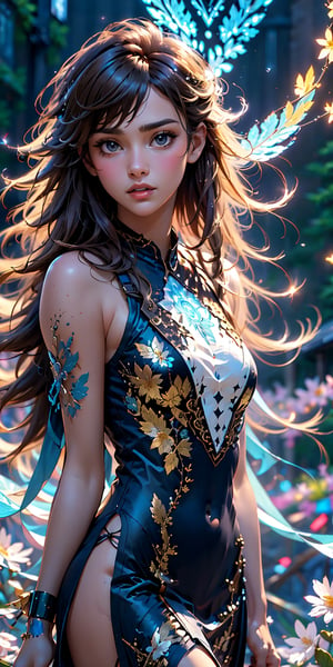 (masterpiece, top quality, best quality, official art, beautiful and aesthetic:1.2), hdr, high contrast, wideshot, 1girl, long black straight hair with bangs, looking at viewer, relaxing expression, clearly brown eyes, longfade eyebrow, soft make up, ombre lips, large breast, hourglass body, finger detailed, BREAK wearing half naked floral cheongsam, holding flower, (smeling flower), (spring season theme:1.5), windy, spring forest background detailed, by KZY, BREAK frosty, ambient lighting, extreme detailed, cinematic shot, realistic ilustration, (soothing tones:1.3), (hyperdetailed:1.2)
