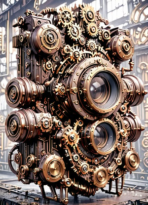  steampunk, no humans, gears, iron, background, sony camera, metal text info,3d camera