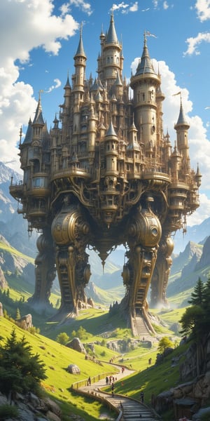 "A colossal, enchanted castle walking across a vast landscape, in the distinctive, whimsical style of Studio Ghibli. The castle is a massive structure, built with intricate medieval turrets, chimneys, gears, and fantastical details, all fused together in an otherworldly design. It is striding purposefully across the terrain on giant, mechanical legs, each step shaking the ground below as it moves across rolling hills, valleys, and meadows. The morning sun casts a golden light over the scene, illuminating the castle as steam rises from its chimneys and gears turn with a rhythmic clank. The castle's legs are in mid-motion, lifting it over rocks and fields, creating a dynamic sense of movement and power. The landscape around it is alive with vibrant greenery, swaying trees, and distant mountains, contrasting the mechanical, yet magical, presence of the walking castle. The scene captures the grandeur and mysticism of a journey through a magical land, with the walking castle at the center of this breathtaking, Ghibli-style world.

