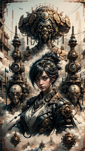 Illustration of a steampunk explorer in a post apocalyptic setting, surrounded by machine parts, mechanical UI, and post apocalyptic landscapes, Surreal steampunk Art Style, Influenced by Deviantart and Ghost in the Shell anime,Render 
