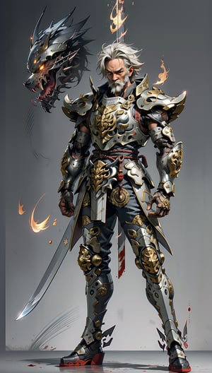 Old man, elder, muscler samurai, Manliness, charming eyes, white hair, white beard, cool face, full body, samurai, samurai armor, holding samurai sword, extremely bloody, forest on fire, flames, bright lights, masterpiece, Best Quality, ultra-detailed, finely detailed, high resolution, sharp-focus, glowing forehead, perfect shading, highres, photorealistic
