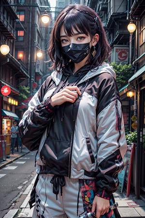 Master work, best picture quality, higher quality, ultra-high resolution, 8k resolution, exquisite facial features, perfect face, girl, assassin, fashion ((upper body clothing, hoodie inside, suit jacket outside)) sneakers, Black mask, cross earrings, carrying a delicate and beautiful samurai sword, night, city, movie style,koitosc