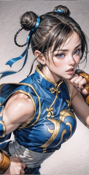 a close-up shot of a young Asian woman with dark brown hair tied up in a bun. She is wearing a blue and gold costume, adorned with a dragon and a gold necklace. Her eyes are a piercing blue, and her hair is pulled back in a ponytail with a blue ribbon tied in a bow. Her right hand is raised in the air, while her left hand is resting on her hip. She has a red glove on her right hand.