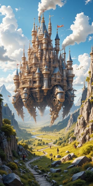 "A colossal, enchanted castle walking across a vast landscape, in the distinctive, whimsical style of Studio Ghibli. The castle is a massive structure, built with intricate medieval turrets, chimneys, gears, and fantastical details, all fused together in an otherworldly design. It is striding purposefully across the terrain on giant, mechanical legs, each step shaking the ground below as it moves across rolling hills, valleys, and meadows. The morning sun casts a golden light over the scene, illuminating the castle as steam rises from its chimneys and gears turn with a rhythmic clank. The castle's legs are in mid-motion, lifting it over rocks and fields, creating a dynamic sense of movement and power. The landscape around it is alive with vibrant greenery, swaying trees, and distant mountains, contrasting the mechanical, yet magical, presence of the walking castle. The scene captures the grandeur and mysticism of a journey through a magical land, with the walking castle at the center of this breathtaking, Ghibli-style world.

