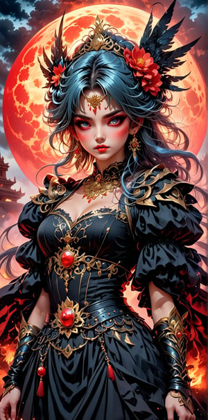 In a majestic, cinematic framing, a dark magician girl stands majestically against a cloudy sky with a red moon and fire clouds. Her striking features are illuminated by a beautiful, detailed glow, highlighting her large forehead, flower-adorned headpiece, and big sleeves. Her black dress is adorned with white gloves and a midriff-baring design. A dove of peace floats in the air above her, surrounded by floating ashes and smoke from gunpowder. Her expressionless face features beautiful, detailed eyes, with disheveled azure hair and long bangs framing her face. The overall composition is set ablaze by fiery explosions in the background, with a sense of burning intensity radiating from the dark magician girl's very presence.