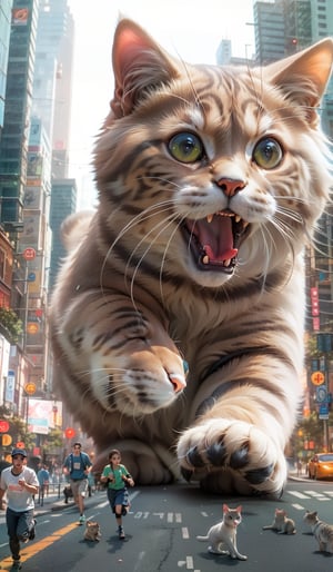 open mouth, outdoors, multiple poeple, animal, cat, ground ,cat look at the people ,vehicle, building, motor vehicle, running, city, realistic, big car, road, police, street, people, crosswalk, real world location,cool