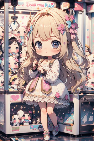 1girl, best quality, ultra-detailed, (((masterpiece))), (((best quality))), extremely detailed, ((claw machine)), ((claw is clamping a doll box up)), hand on bottom panel, control joystick and press button with hand, cleavage, big tits, ribbon, beige lace overalls, black updo longhair, shy, blush, petite figure proportion, claw machine, Glittering, cute and adorable, (perfect lighting, perfect shadow), wide shot, dreamlike scenery, Realism, blending colors,vibrant hues, amazing photo, wearing dress pretty ruffle, cute shoe, hug pillow heart, holding cute doll, Chibi,
,UFOCatcher,