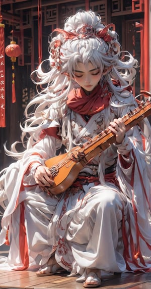 1girl, solo, long hair, blush, hair ornament, long sleeves, 1boy, holding, sitting, closed mouth, full body, closed eyes, white hair, male focus, chinese clothes, instrument, music, playing instrument, holding instrument, hanfu