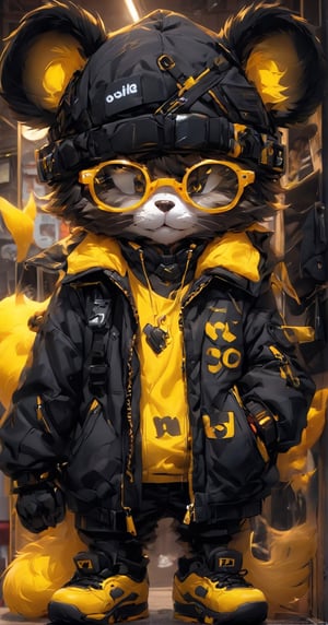 solo, looking at viewer, shirt, long sleeves, hat, animal ears, closed mouth, standing, jacket, full body, male focus, open clothes, shoes, glasses, pants, bag, black footwear, open jacket, black jacket, black pants, sunglasses, :<, furry, zipper, yellow shirt, hands in pockets, beanie, furry male, body fur, ears through headwear, yellow footwear, whiskers, yellow headwear, black fur, clothed animal