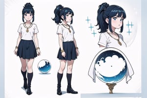 Retro Ghibli style,character design sheet, character design, front view, side view, (same character from different angles), ((solid background, simple background color, flat background)),monochrome,line anime, fullbody, big face, big head, mature,Petite and slender, of medium height, piercing eyes, fair skin, long dark blue hair, high ponytail, light and magical clothing, light blue skirt, tight top with stars and moon patterns, Leather boots, a silver necklace with a small crystal ball hanging on it, and an exquisite bracelet