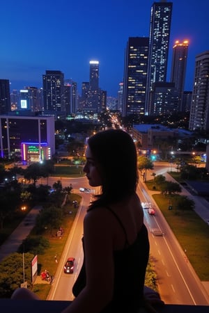 (masterpiece, best quality), (busy city,bustling atmosphere,silhouette of a teenage girl at the top of a building looking down at the street), dusk, neon lights, high-rise buildings, twinkling cityscape, energetic pedestrians, rushing traffic, vibrant colors, urban metropolis, hustle and bustle, modern architecture, skyscrapers, city lights, asphalt roads, flickering street lamps, urban soundscape, blurred motion of cars and people, urban sprawl, city at night, nightlife, teenager's contemplative stance, isolated figure, loneliness in the crowd, ethereal atmosphere, mysterious aura, reflection of city lights on the windows, warm glow of the setting sun, exciting energy, imposing shadows, towering skyscrapers, rebellious spirit, expansive city view, vivid vitality, metropolitan dreamscape, urban exploration, romanticized chaos, captivating skyline, anonymous faces, concrete jungle, raw emotions, inspiring heights, clenched fists, hazy skyline, endless possibilities,Enhanced All,ghibli,cyber