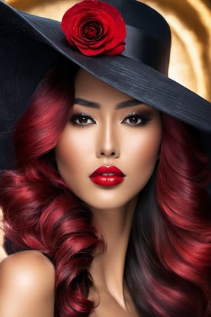
A stunningly beautiful Japanese woman, with her face partially obscured by a large, elegant black hat adorned with a vibrant red rose. The hat's wide brim casts a shadow over her mesmerizing eyes, emphasizing her striking red lips. Her skin appears flawless, and her ((fiery red, wavy hair)) flows gracefully down her shoulder. The background is a deep black, which accentuates the contrasting colors of the hat and the rose, making them the focal points of the artwork, subdued light, hhigh class fashion photography, portrait photography, vibrant, dark fantasy, fashion, poster, cinematic, 3d render, photo,oil paint