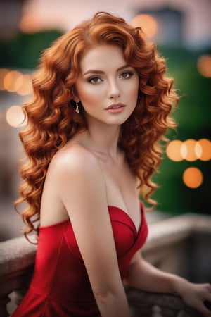 ((masterpiece)), ((best quality)), bokeh, (((soft focus))), 1girl, ginger hair, red hair, (Long Curly:1.8), Tan eyes, (Frowning:1.5), strapless red dress, ((Leaning Forward:1.9)), upper body, Baby face