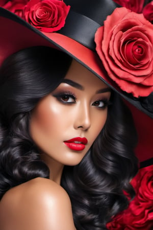 
A stunningly beautiful Japanese woman, with her face partially obscured by a large, elegant black hat adorned with a vibrant red rose. The hat's wide brim casts a shadow over her mesmerizing eyes, emphasizing her striking red lips. Light blush on cheeks, dark eye mascara, long eyelashes, Her skin appears flawless, and her ((fiery red, wavy hair)) flows gracefully down her shoulder. The background is a deep black, which accentuates the contrasting colors of the hat and the rose, making them the focal points of the artwork, subdued light, high class fashion photography, portrait photography, vibrant, dark fantasy, fashion, poster, cinematic, 3d render, photo,oil paint