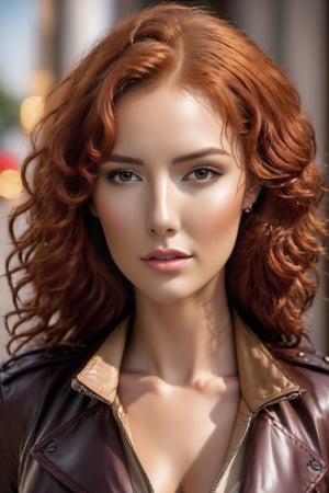 ((masterpiece)), ((best quality)), 1girl, ginger hair, red hair, (Long Curly:1.8), Tan eyes, (Frowning:1.5), Tan leather jacket, ((no shirt)), ((Leaning Forward:1.3)), upper body, Baby face