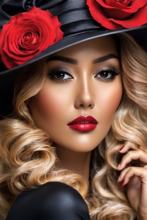 
A stunningly beautiful Japanese woman, with her face partially obscured by a large, elegant black hat adorned with a vibrant red rose. The hat's wide brim casts a shadow over her mesmerizing eyes, emphasizing her striking red lips. Light blush on cheeks, dark eye mascara, long eyelashes, Her skin appears flawless, and her ((red, wavy hair)) flows gracefully down her shoulder. The background is a deep black, which accentuates the contrasting colors of the hat and the rose, making them the focal points of the artwork, subdued light, high class fashion photography, portrait photography, vibrant, dark fantasy, fashion, poster, cinematic, 3d render, photo,oil paint