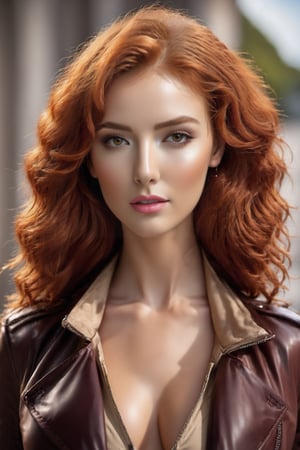 ((masterpiece)), ((best quality)), 1girl, ginger hair, red hair, (Long Curly:1.3), Tan eyes, (Frowning:1.5), Tan jacket, ((no shirt)), (Leaning Forward:1.3), upper body, Baby face