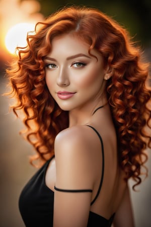 ((masterpiece)), ((best quality)), 1girl, ginger hair, red hair, (Long Curly:1.8), Tan eyes, double eyelids, (Frowning:1.5), Smiling, little black dress, bare shoulders, ((Leaning Forward:1.9)), looking at viewer, upper body, Baby face
Professional photo studio, Professional lighting, Bokeh, (((soft focus))), Sunset. Golden hour.,photo r3al
