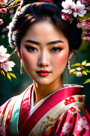(young adult, beautiful, seductive, alluring), (Akita bijin), (best quality, highres, ultra-detailed), (oil painting, fine art), (vibrant colors, warm tones), (soft lighting, dramatic shadows), (deep gaze, captivating eyes), (rosy lips, luscious mouth), (porcelain skin, flawless complexion), ( A slightly slender face with  cherry-blossom-colored cheeks). (Almond-shaped eyes and a  shapely nose). (elegant kimono, revealing neckline), (attractive pose, confident stance), (lush garden background, blooming flowers), (subtle breeze, swaying leaves), (romantic atmosphere, dreamy ambiance), (sensual expression, subtle smile)
