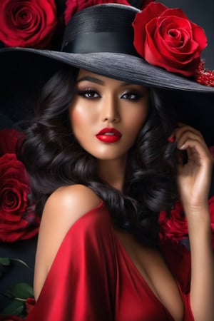 Full body image. 
A stunningly beautiful Japanese woman, with her face partially obscured by a large, elegant black hat adorned with a vibrant red rose. The hat's wide brim casts a shadow over her mesmerizing eyes, emphasizing her striking red lips. Light blush on cheeks, dark eye mascara, long eyelashes, Her skin appears flawless, and her ((red, wavy hair)) flows gracefully down her shoulder. The background is a deep black, which accentuates the contrasting colors of the hat and the rose, making them the focal points of the artwork, subdued light, high class fashion photography, portrait photography, vibrant, dark fantasy, fashion, poster, cinematic, 3d render, photo,oil paint
