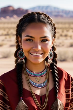 Real photo beautiful chest-up portrait of a Navajo woman from New Mexico, braided hair, very beautiful brown eyes, cute smile, light-brown unblemished skin nice makeup, large bust, wearing an elegant traditional Navajo dress.  Desert background 