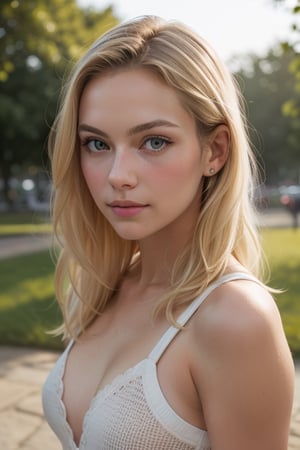 A photorealistic portrait of a 23-year-old American girl with long, flowing blonde hair and striking brown eyes. She should have a natural, approachable expression and be illuminated by soft, golden-hour sunlight. The background should be a scenic outdoor setting, perhaps a sunlit park or beach. Capture this image with a high-resolution photograph using an 85mm lens for a flattering perspective.