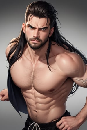 five o'clock shadow beard on his face, angry look, Portrait, mature a very handsome man with long black hair, scotish, shirtless, (body hair), ((30 years old)), long straight hair above shoulders, strong face, cuning green eyes, detailed eyes, athletic body, marked muscles, black sports pants, body hair, martial arts background, detailed image, highly detailed, duncan macleod, (((ocidental)))