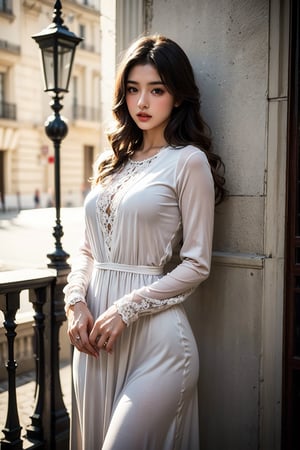 long sleeve maxi dress, france paris, Realistic, Photorealistic, highest quality, surrealistic, high resolution, 18 years old, young , 1 girl, beautifully brown eyes,long hair, (head to hip photograph:1.2) 