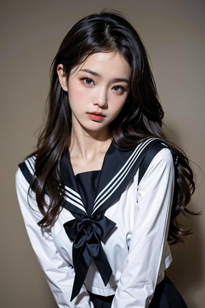 realistic, highest quality, surrealistic, high resolution, 15 years old, young, 1 girl, beautifully brown eyes, plain background, serafuku,sailor collar,black skirt, black pleated skirt,long sleeves,black shirt, white bow tie, japan school uniform