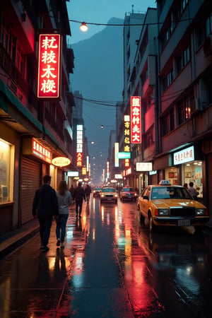 1990s Hong Kong street scene, neon signs reflecting on wet pavement, few pedestrians, bustling atmosphere, wide-angle shot, low-angle perspective, vibrant colors, warm streetlights, busy shops, old-fashioned taxis, narrow alleyways, high-rise buildings in the background, dynamic composition, urban decay, nostalgic mood, cinematic lighting, minimalistic crowd presence.