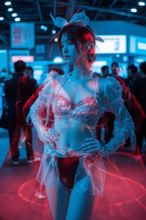 A stunning Japanese girl, full body shot, at a tech exhibition. She wears a sexy cosplay uniform, showcasing her beauty and nice body. The scene is bustling with many people taking photos of her. The lighting is bright and dynamic, highlighting her outfit and confident pose. The background features various tech displays and attendees, capturing the lively atmosphere of the event., DDStyle, vibrant shade of red and blue monochromatic adding a pop of color to the scene