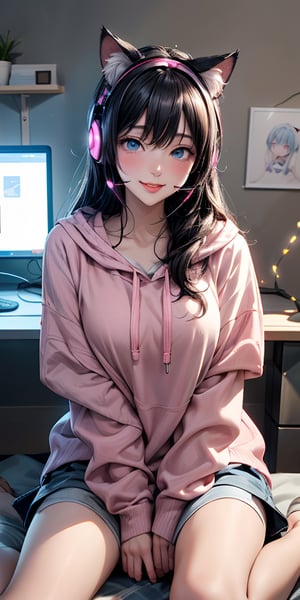 /imagine a beautiful anime girl live streaming from her room, with long black hair, big blue eyes, wearing a pink hoodie and a cute headset with cat ears, sitting in front of a modern computer setup with colorful LED lights, surrounded by plushies and posters on the wall, engaging with her audience, bright and cheerful atmosphere　Hide your skin
