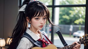 anime style beautiful woman, (1girl), (ponytail), black hair, (long hair), 
(((guitar, instrument, electric guitar, bass guitar, amplifier, gibson les paul, drum, acoustic guitar, speaker))), 
Slender, skinny, (turime), thick eyebrows, 
(school uniform), (sailor uniform), ((red sailor tie)), (white sailor blouse), 
vibrant colors, sharp focus, best quality, depth of field, cinematic lighting, (illustration, 8k CG, extremely detailed), ultra-detailed, high resolution, firefliesfireflies, perfect light, 
stylish pose, 8k, very clear, highest quality, high resolution. best quality, illustration, sax blue, 1girl, cute, (dynamic lighting:1.2), cinematic lighting, delicate facial features, detailed eyes, sharp pupils, realistic pupils, depth of field, bokeh, sharp focus, (hyper-detailed, bloom, glow:1.4), many small gems, from below, 