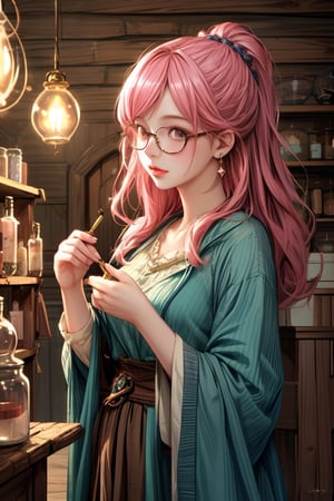 a fantasy magical shop which has a pink haired glasses clumsy girl as shopkeeper. Her store is filled with magic potions, books, papers, magical equipment etc. Her shop is made out of wood and gives the vibe of old shops filled with junk.
A digital painting of a pink-haired girl with glasses, clumsily managing a fantasy magical shop filled with potions, books, papers, and magical equipment. The shop has wooden walls and an old, junk-filled charm. The background features a cozy, cluttered interior with glowing potions and magical artifacts. Created Using: digital painting, warm color palette, detailed textures, dynamic composition, whimsical style, atmospheric lighting, intricate detailing, realistic elements, hd quality, natural look.

HD, 8K, Best Perspective, Best Lighting, Best Composition, Good Posture, High Resolution, High Quality, 4K Render, Highly Denoised, Clear distinction between object and body parts, Masterpiece, Beautiful face, 
Beautiful body, smooth skin, glistening skin, highly detailed background, highly detailed clothes, 
highly detailed face, beautiful eyes, beautiful lips, cute, beautiful scenery, gorgeous, beautiful clothes, best lighting, cinematic , great colors, great lighting, masterpiece, Good body posture, proper posture, correct hands, fantasy_shop, wooden_shop_interior, pink_haired_shopkeeper, clumsy_shopkeeper, glasses, magical world,Mizuki_Lin, 1girl, solo, 
