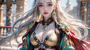 best quality, masterpiece, beautiful and aesthetic, 16K, (HDR:1.4), high contrast, Photorealistic, masutepiece, Photorealistic, High resolution, Soft light, hips up high, Blue eyes, White hair, high ponytail, Intricate details EABA, cloaks, spear, Samurai, armor, Japanese Katana Sword, Warrior, Samurai Helmet、beautiful anime woman, anime goddess, keqing from genshin impact, a beautiful fantasy empress、A bell hangs on his chest、Japanese style costume,More Detail,girl,1girl, swordup, dynamic photography, from below:1.3,1 girl,Mizuki_Lin