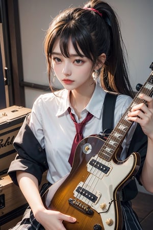 anime style beautiful woman, (1girl), (ponytail), black hair, (long hair), 
(((guitar, instrument, electric guitar, bass guitar, amplifier, gibson les paul, drum, acoustic guitar, speaker))), 
Slender, skinny, (turime), thick eyebrows, 
(school uniform), (sailor uniform), ((red sailor tie)), (white sailor blouse), 
vibrant colors, sharp focus, best quality, depth of field, cinematic lighting, (illustration, 8k CG, extremely detailed), ultra-detailed, high resolution, firefliesfireflies, perfect light, 
stylish pose, 8k, very clear, highest quality, high resolution. best quality, illustration, sax blue, 1girl, cute, (dynamic lighting:1.2), cinematic lighting, delicate facial features, detailed eyes, sharp pupils, realistic pupils, depth of field, bokeh, sharp focus, (hyper-detailed, bloom, glow:1.4), many small gems