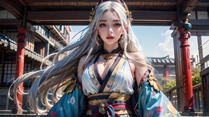 best quality, masterpiece, beautiful and aesthetic, 16K, (HDR:1.4), high contrast, Photorealistic, masutepiece, Photorealistic, High resolution, Soft light, hips up high, Blue eyes, White hair, Long hair, Intricate details EABA, cloaks, spear, Samurai, armor, Japanese Katana Sword, Warrior, Samurai Helmet、beautiful anime woman, anime goddess, keqing from genshin impact, a beautiful fantasy empress、A bell hangs on his chest、Japanese style costume,More Detail,girl,1girl, swordup, dynamic photography, from below:1.3